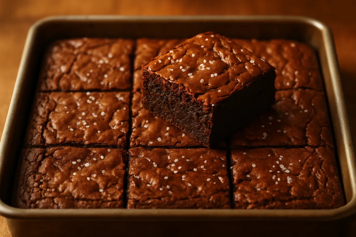 Tray of dark brownies with shiny crackled tops, one square lifted to show a fudgy interior
