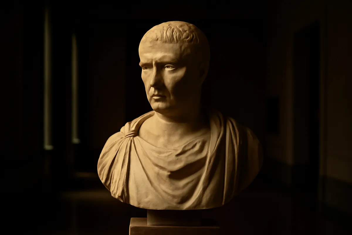Marble Roman bust on a plinth in a dim museum gallery with side lighting