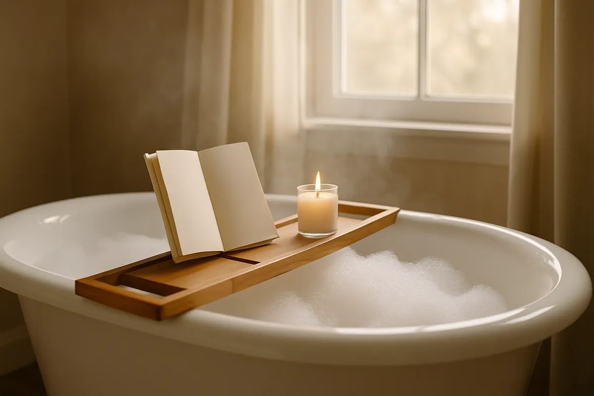 White bathtub heaped with foam and a wooden caddy holding a book and candle
