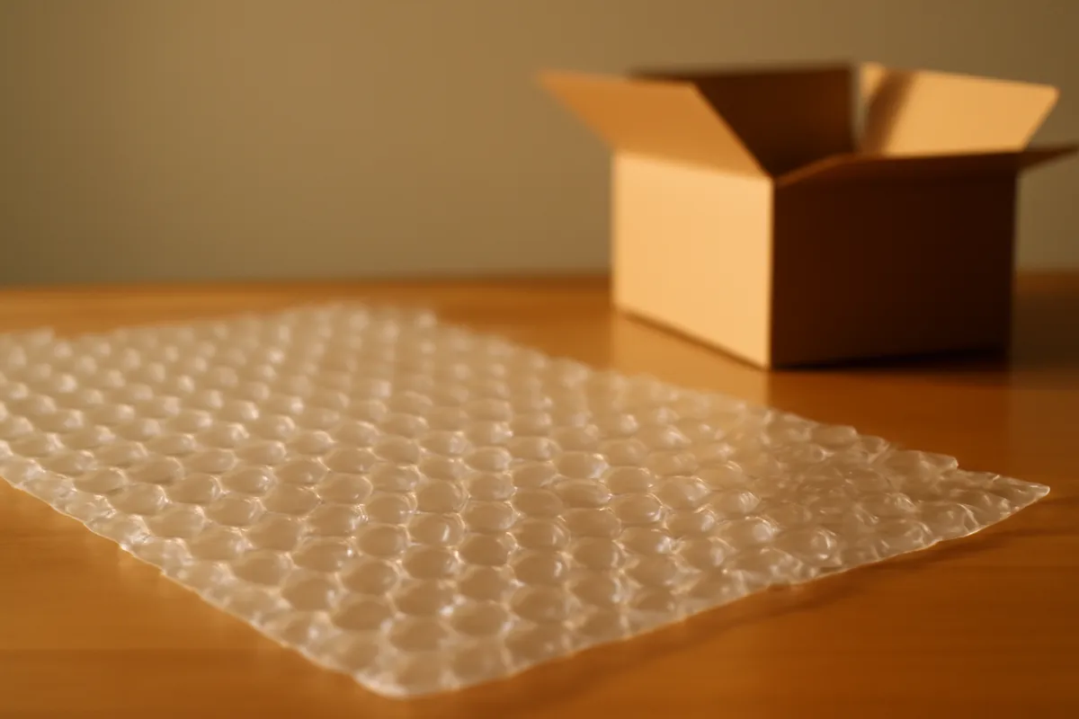 Sheet of bubble wrap with several burst bubbles beside a half-packed cardboard box