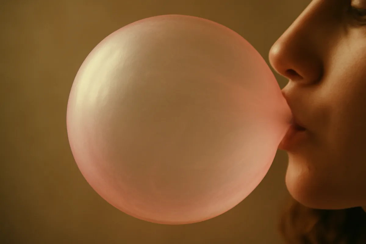 Close view of a large pink bubble stretched thin and translucent with light through it