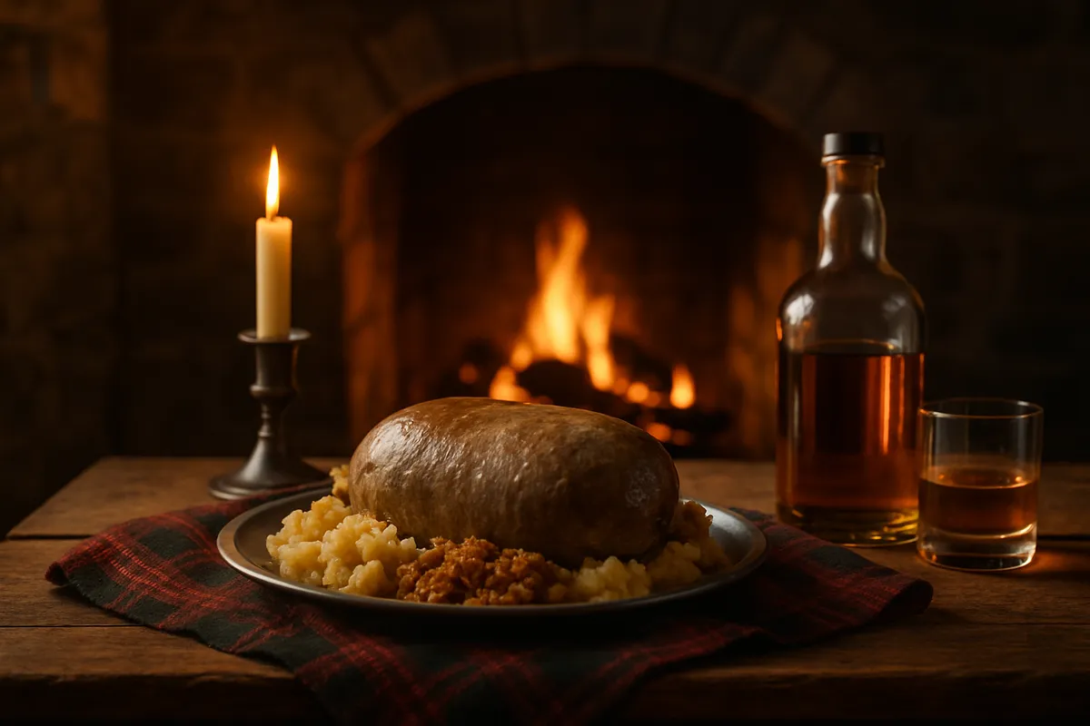 A Scottish supper table with haggis, whisky and a tartan cloth by firelight