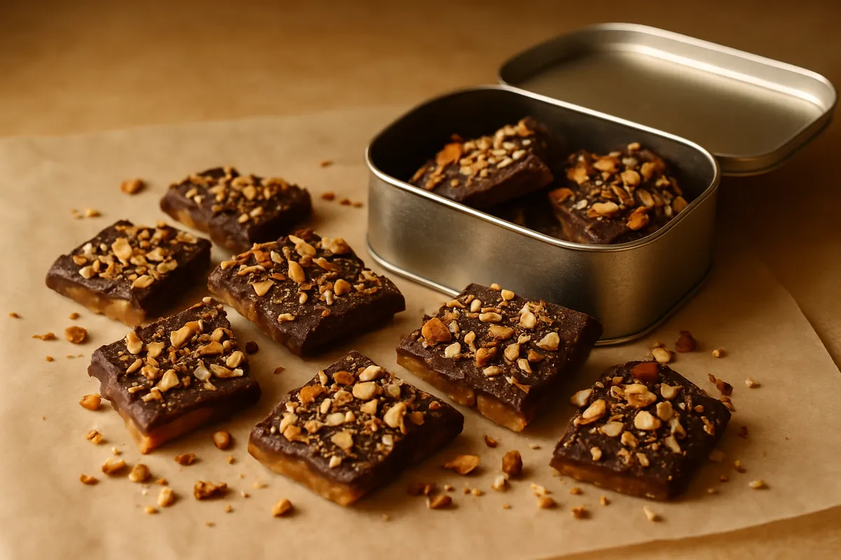 Broken chocolate-coated buttercrunch pieces with chopped almonds beside an open tin