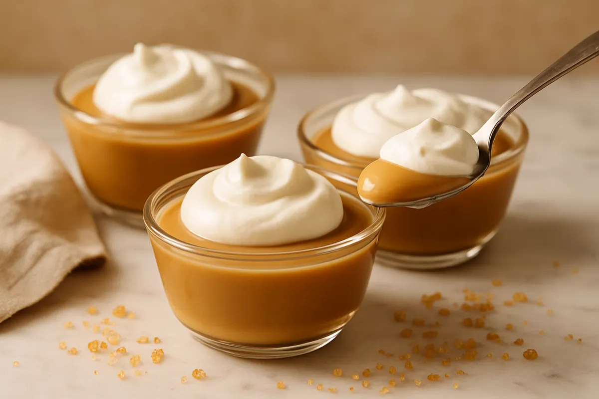 Three glass dishes of butterscotch pudding topped with whipped cream on a marble surface
