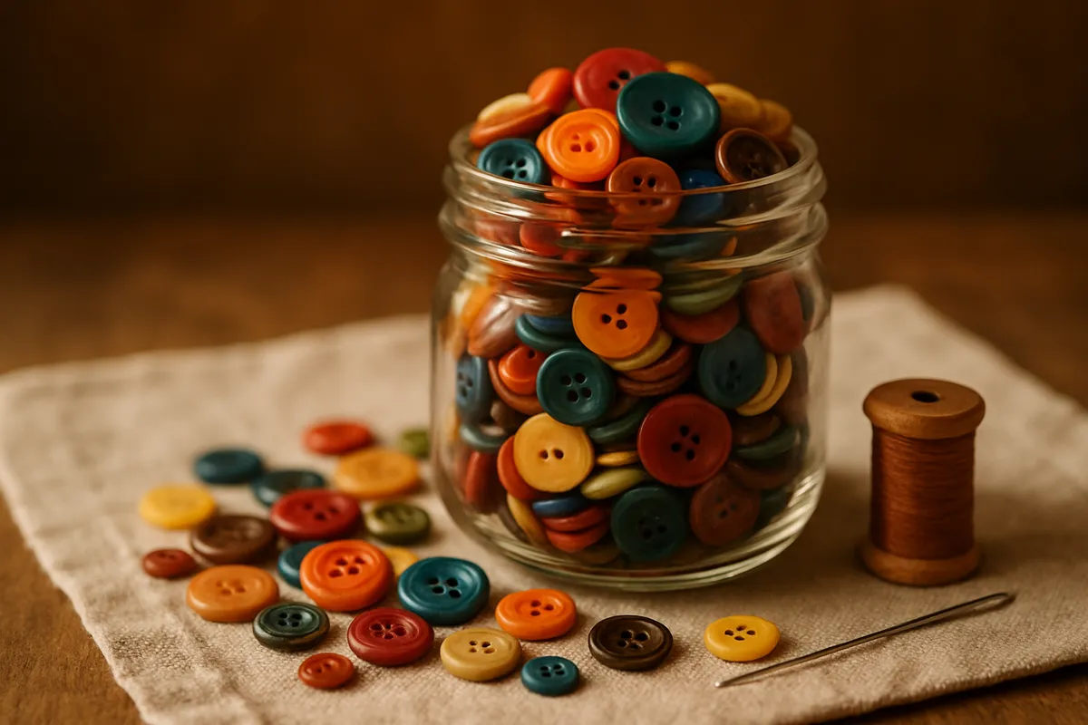 A jar of colorful vintage buttons spilling onto a linen cloth