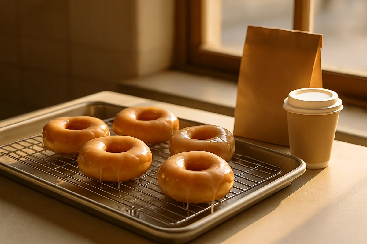 Tray of freshly glazed ring doughnuts on a bakery rack with wet glaze dripping