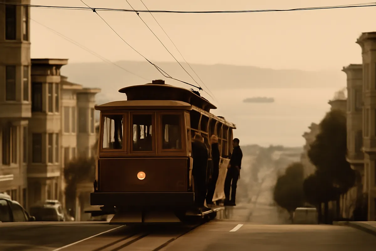 Cable car cresting a steep city hill with passengers on the running board and bay below