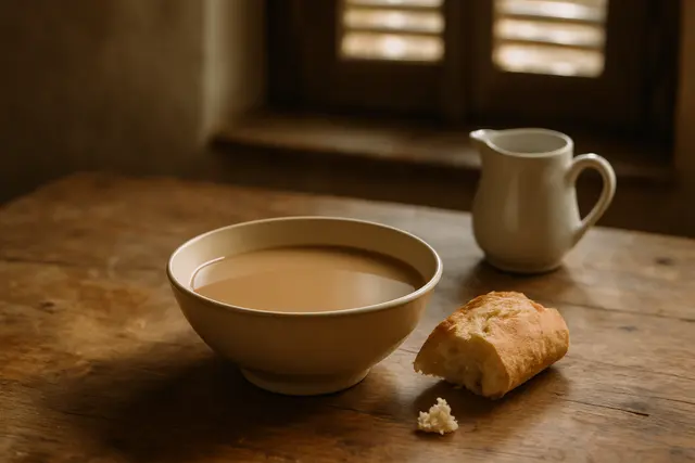 Wide ceramic bowl of coffee with milk beside torn baguette and a jug of hot milk