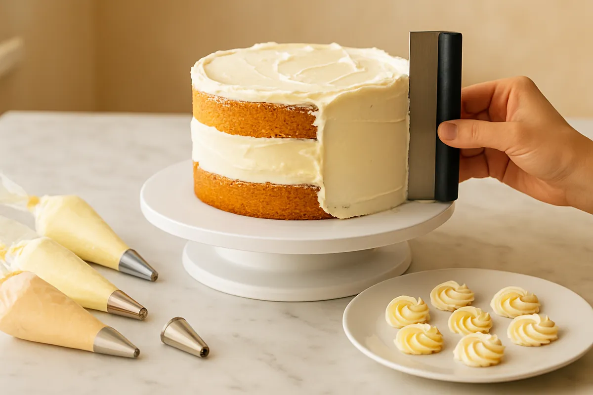 Partly iced layer cake on a turntable with a bench scraper, piping bags and tips nearby