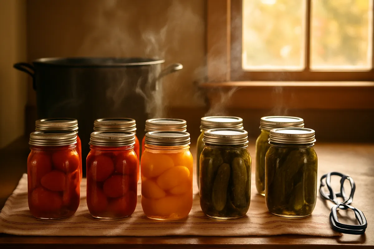 Rows of sealed jars of preserved tomatoes, peaches and pickles cooling on a kitchen towel