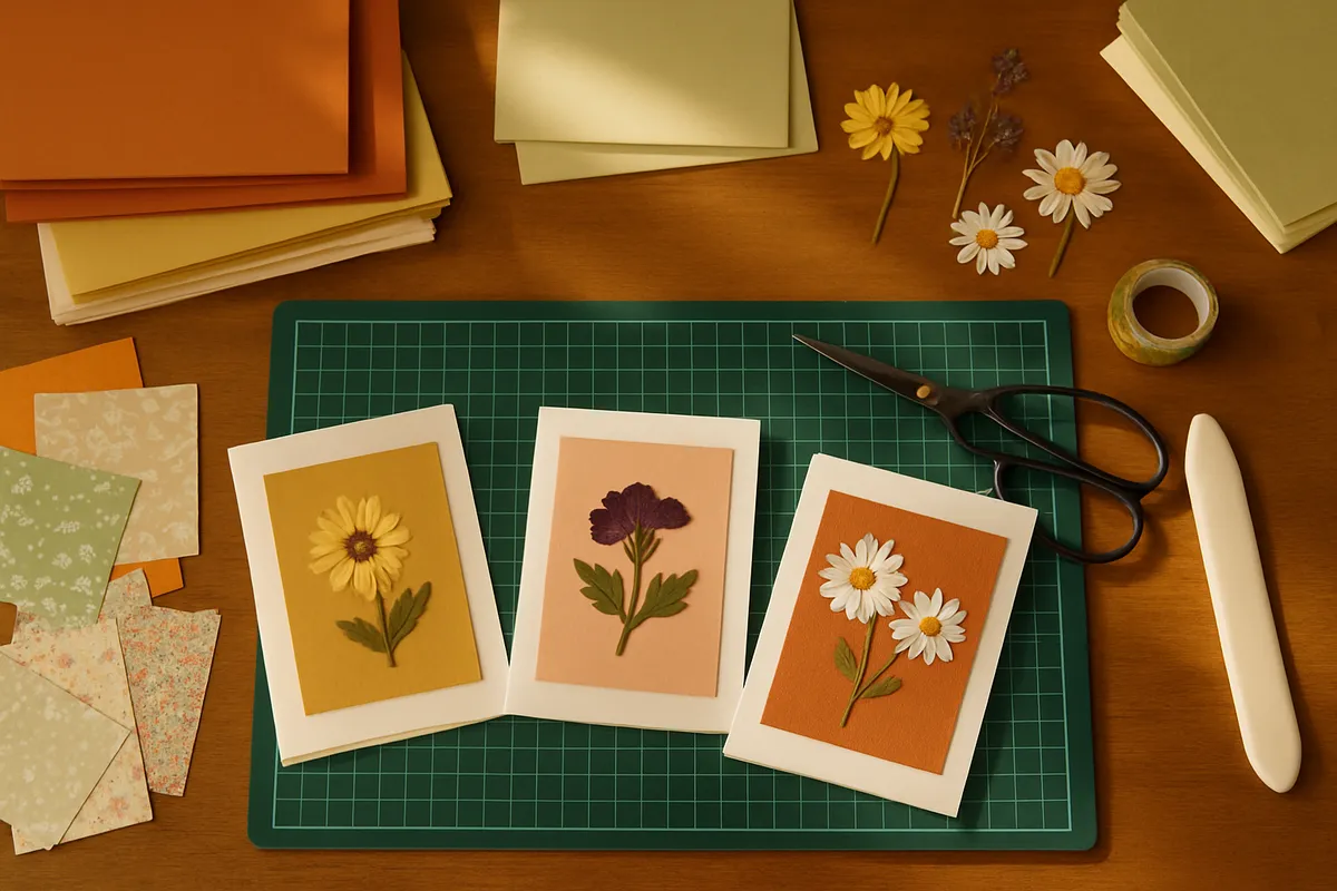 Overhead craft table with handmade cards, colored cardstock, scissors and pressed flowers