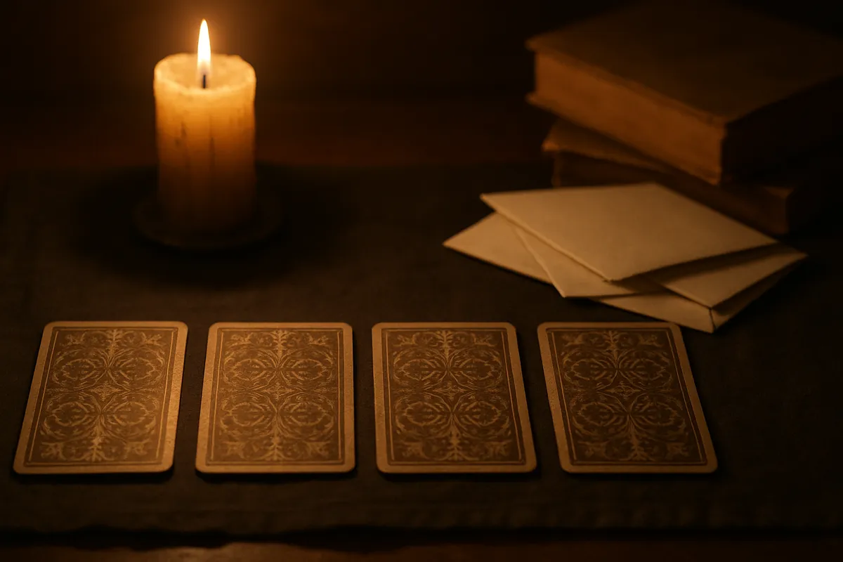 Ornate cards laid face down on a dark cloth beside a candle and unopened envelopes