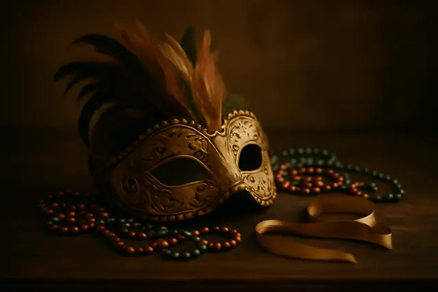 Ornate feathered carnival mask on a dark table beside colored beads and ribbon