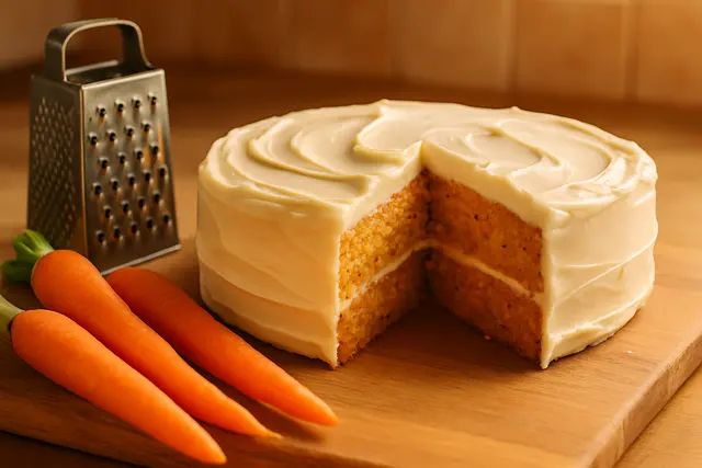 Frosted carrot cake with a slice cut showing orange-flecked crumb beside whole carrots