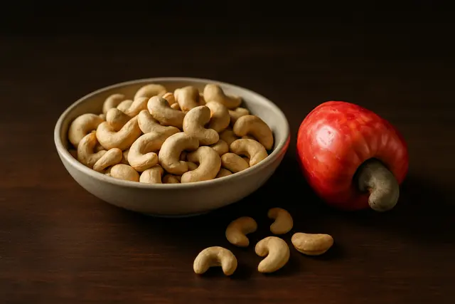 Bowl of toasted cashews on dark wood beside a red cashew apple with the seed attached