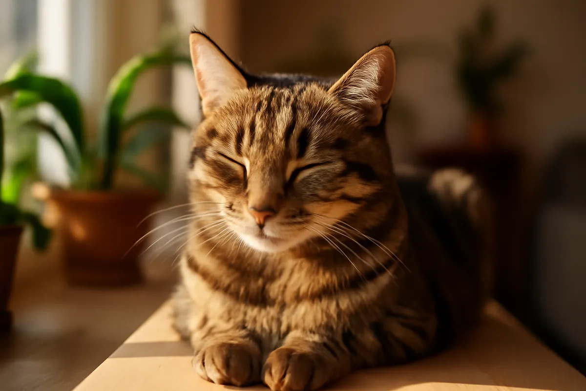 Tabby cat mid slow-blink on a sunlit windowsill with paws tucked and plants behind