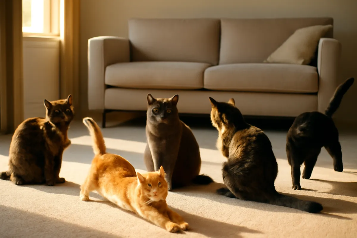 Five cats on a living room floor all facing different directions in afternoon light