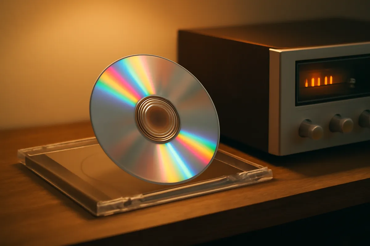 Silver compact disc half out of a jewel case beside a vintage hi-fi with glowing display