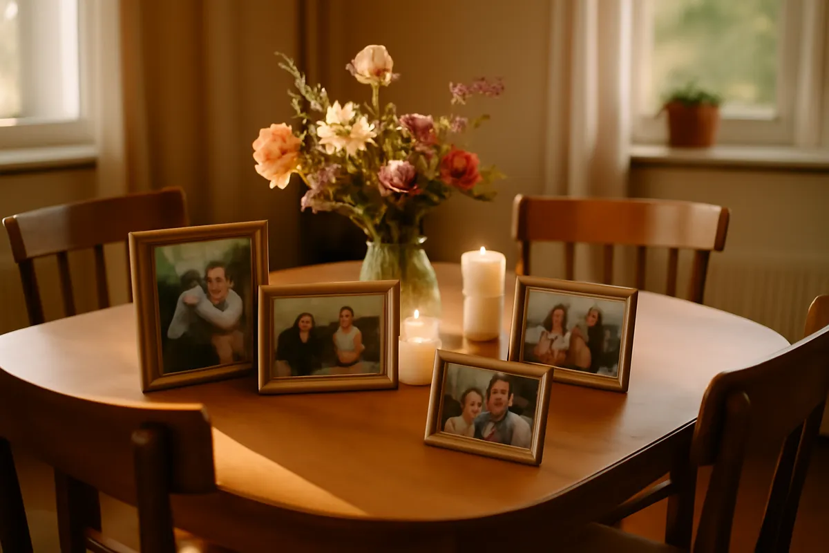 Table with framed photographs, garden flowers and lit candles in a sunlit room