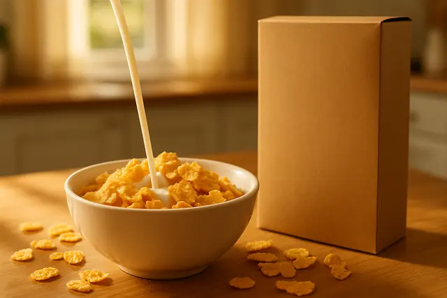 Bowl of cereal with milk being poured in, flakes scattered on the table beside it