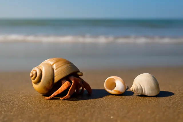 Hermit crab in a spiral shell on wet sand beside two empty shells of different sizes