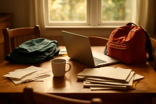 Cluttered kitchen table with bags, unopened post, a coffee cup and a laptop competing for space
