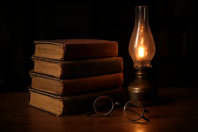 Stack of worn cloth-bound Victorian novels beside an oil lamp and spectacles on a desk
