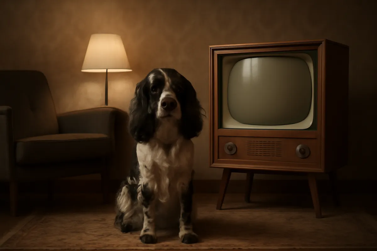 Black and white cocker spaniel beside a vintage 1950s television set in warm lamplight
