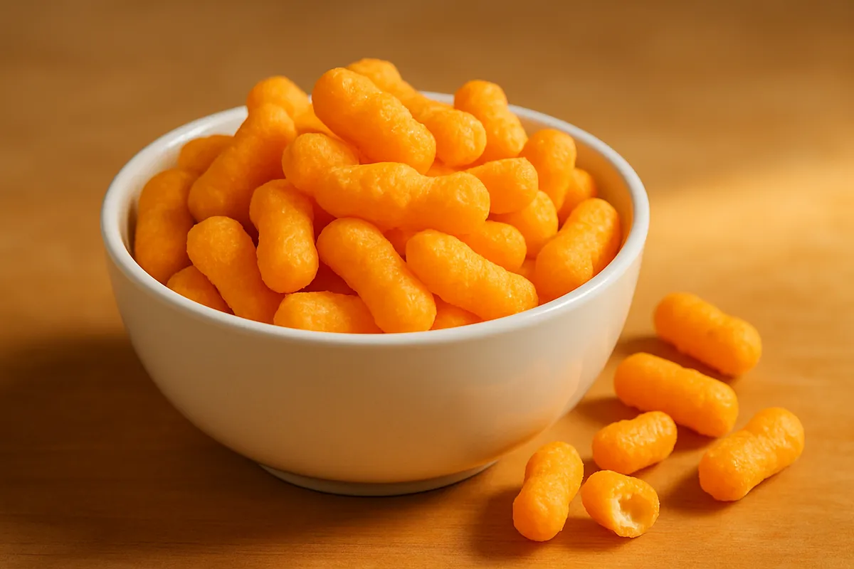 Bowl of orange puffed cheese snacks with one broken open showing the airy inside