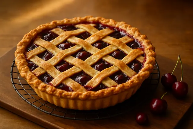 Lattice-topped cherry pie cooling on a rack with dark red filling bubbling through the gaps
