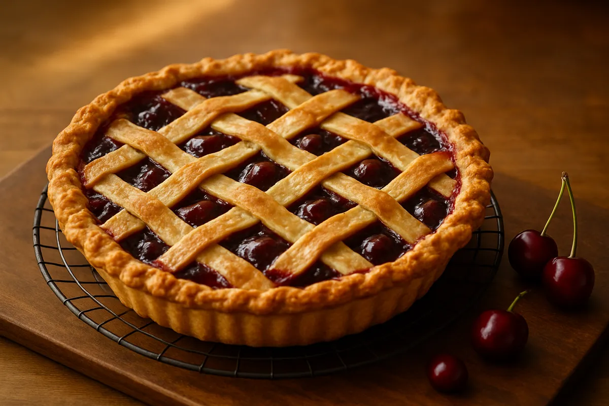 Lattice-topped cherry pie cooling on a rack with dark red filling bubbling through the gaps