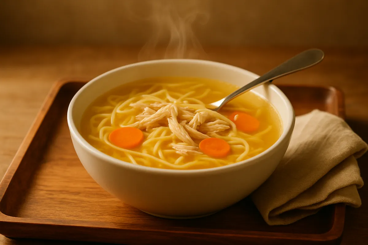 Bowl of clear golden chicken soup with noodles and carrot, steam rising, spoon on the rim