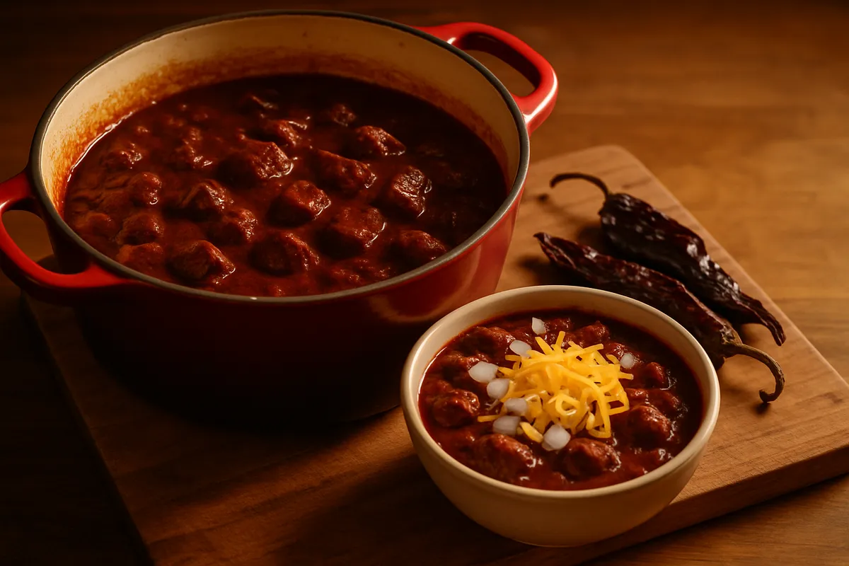 Heavy pot of dark red chili with cubed beef beside a served bowl and dried chiles