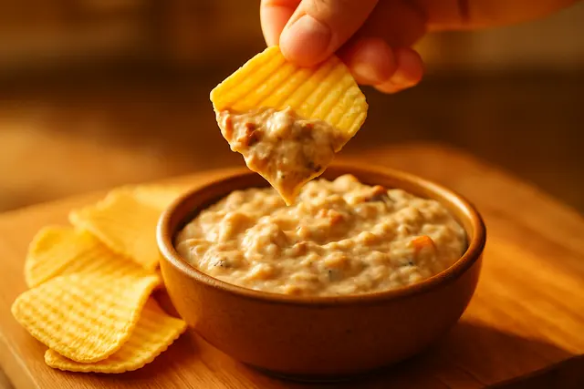 Ridged tortilla chip loaded with thick dip held above a bowl beside a board of chips