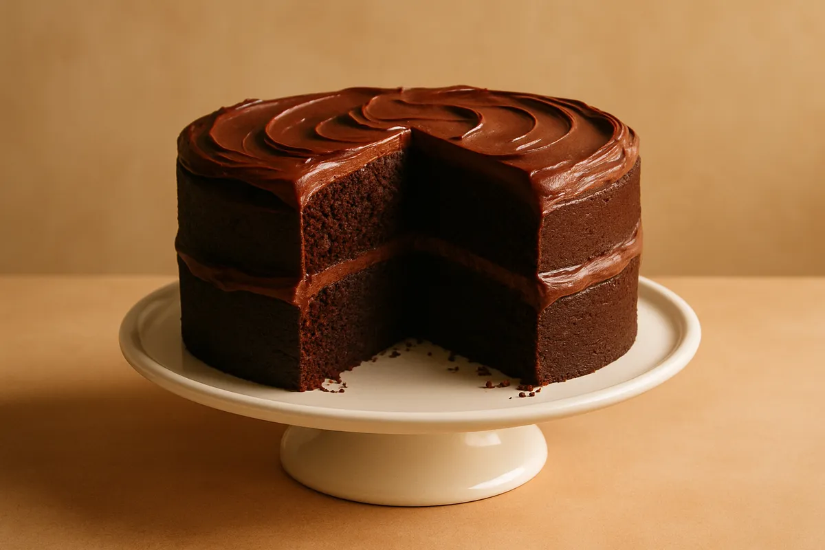 Dark chocolate layer cake on a stand with one slice removed showing the moist crumb