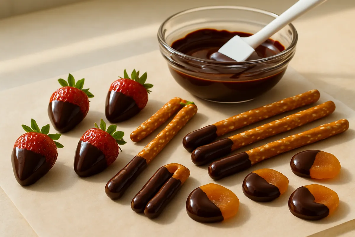 Strawberries, pretzels and apricots half dipped in glossy chocolate beside a bowl of melted chocolate