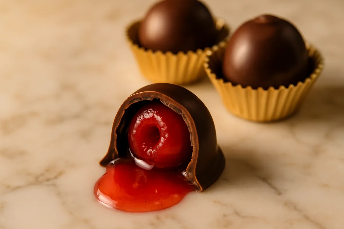 Chocolate covered cherry cut in half with syrup running out beside whole ones in foil cups