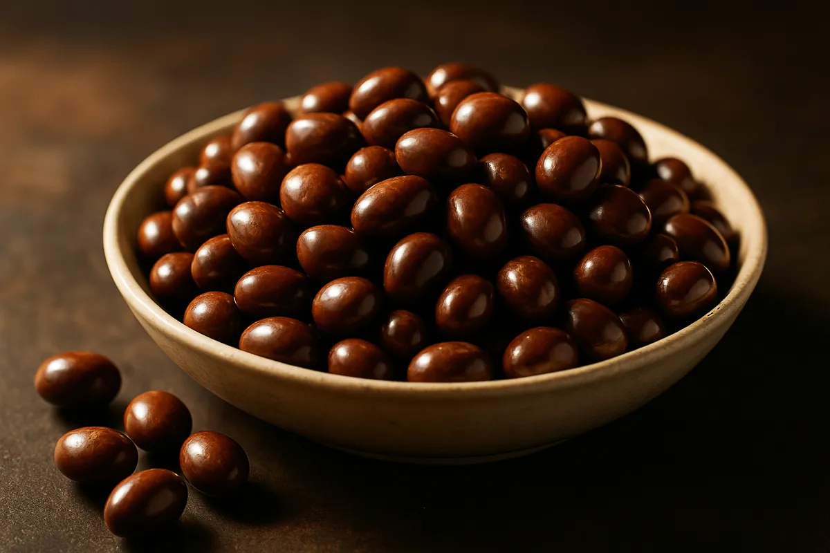 Shallow bowl heaped with glossy chocolate-covered peanuts with a few spilled beside it