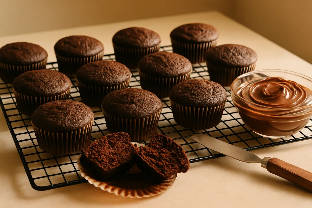 Dark chocolate cupcakes on a wire rack with one split open beside a bowl of frosting