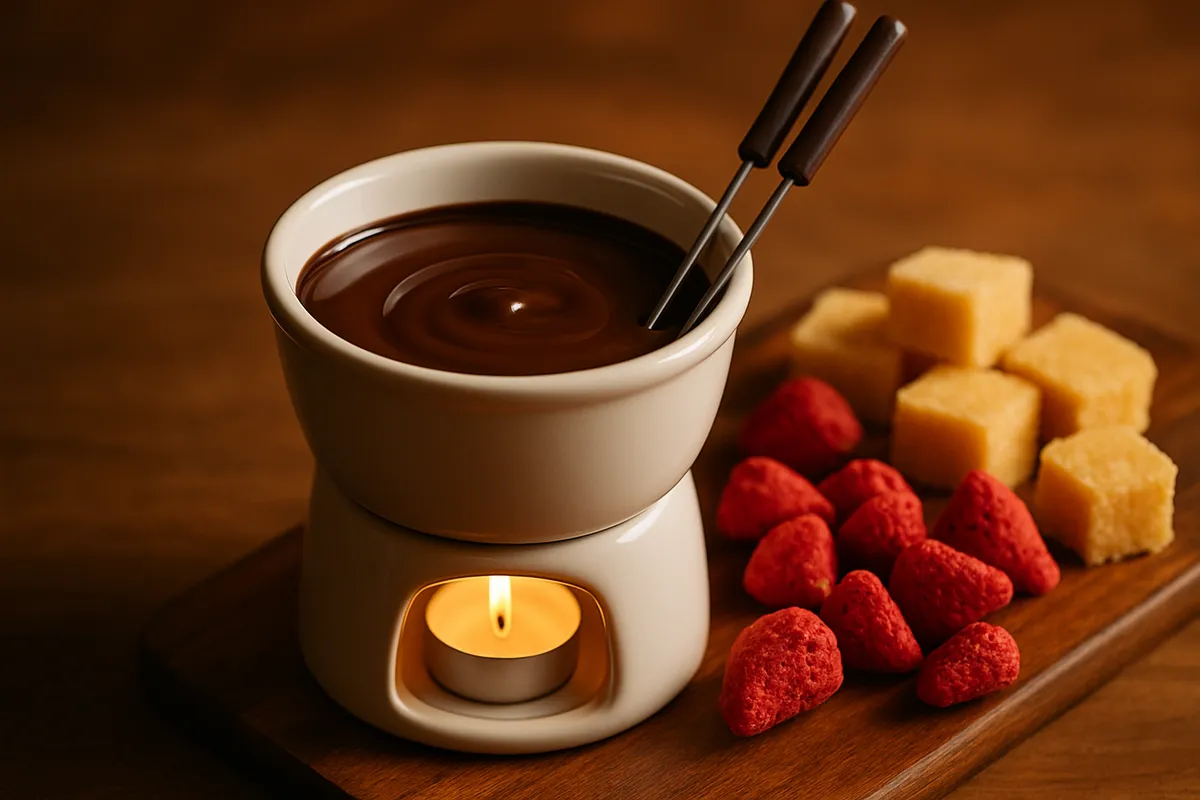 Ceramic fondue pot of glossy melted chocolate with forks, beside strawberries and cake cubes