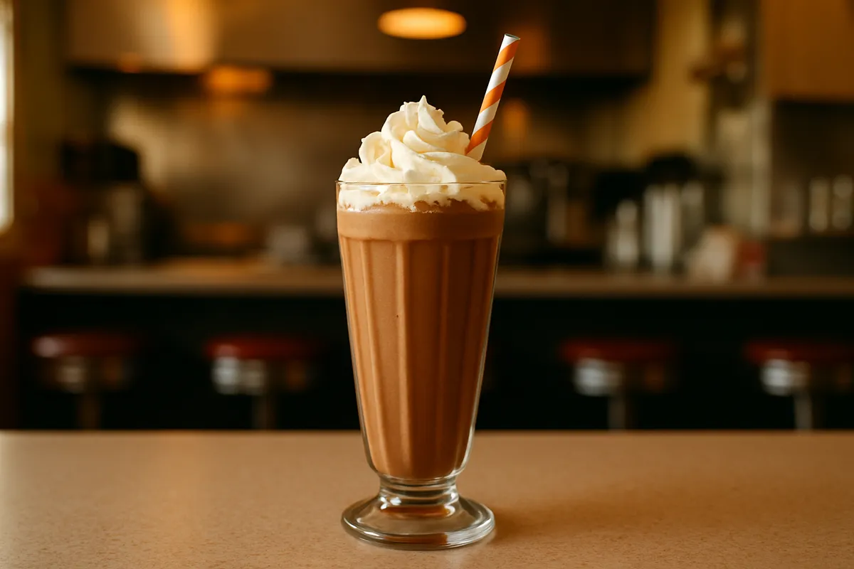 Tall chocolate milkshake in a fluted glass with a wide striped straw and whipped cream