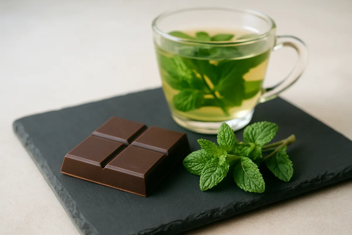 Square of dark chocolate on slate beside fresh mint sprigs and a cup of mint tea