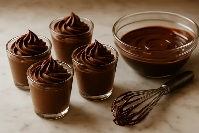 Small glasses of dark chocolate mousse on marble with a whisk and melted chocolate