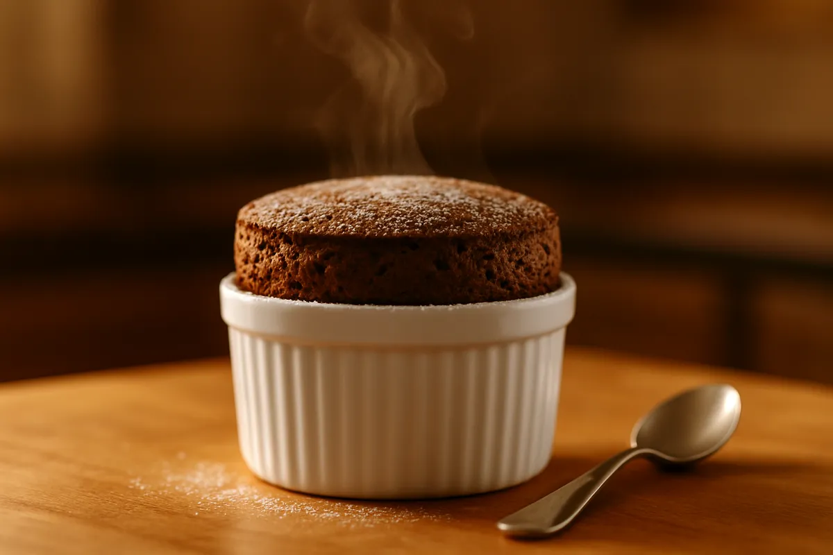 Chocolate souffle risen above the rim of a white ramekin, steaming, with a spoon beside