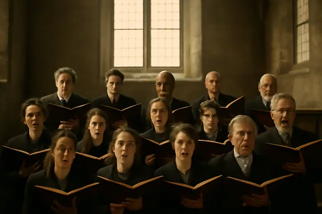 Choir in rows in a stone church singing from open music folders in pale window light