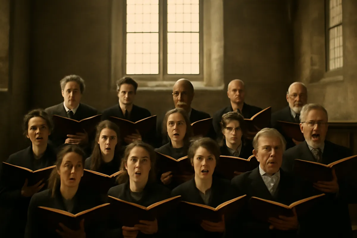 Choir in rows in a stone church singing from open music folders in pale window light