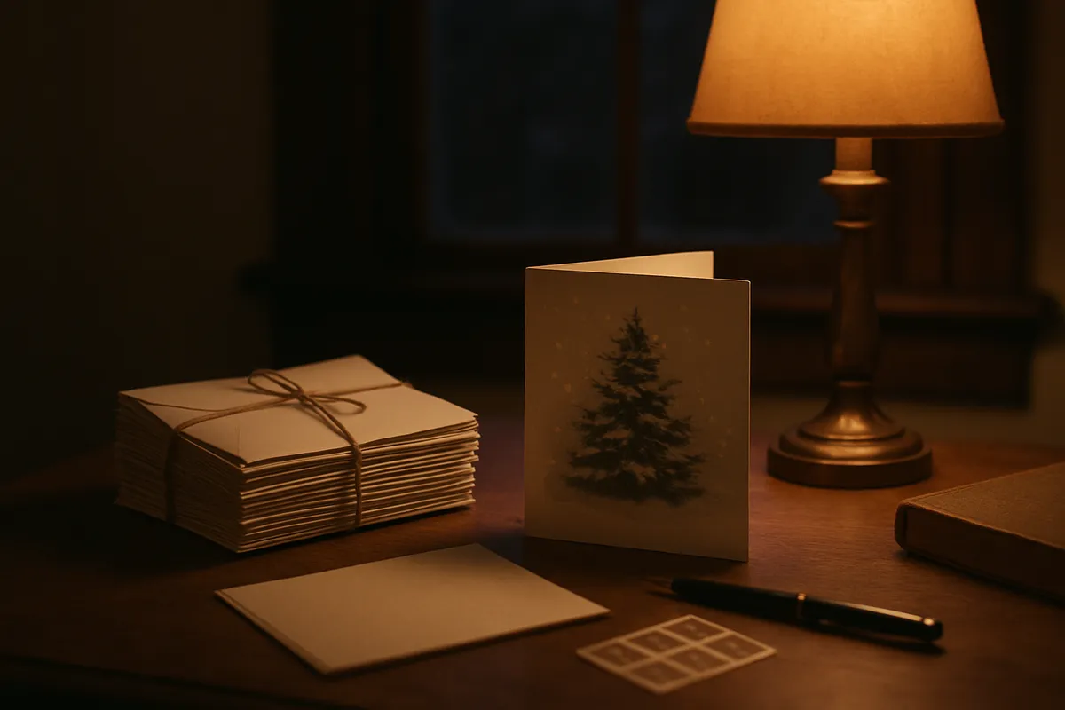 Stack of addressed Christmas card envelopes tied with string beside an open card and pen