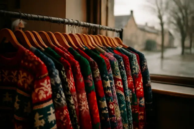 Rail of brightly patterned knitted Christmas jumpers on wooden hangers in a charity shop