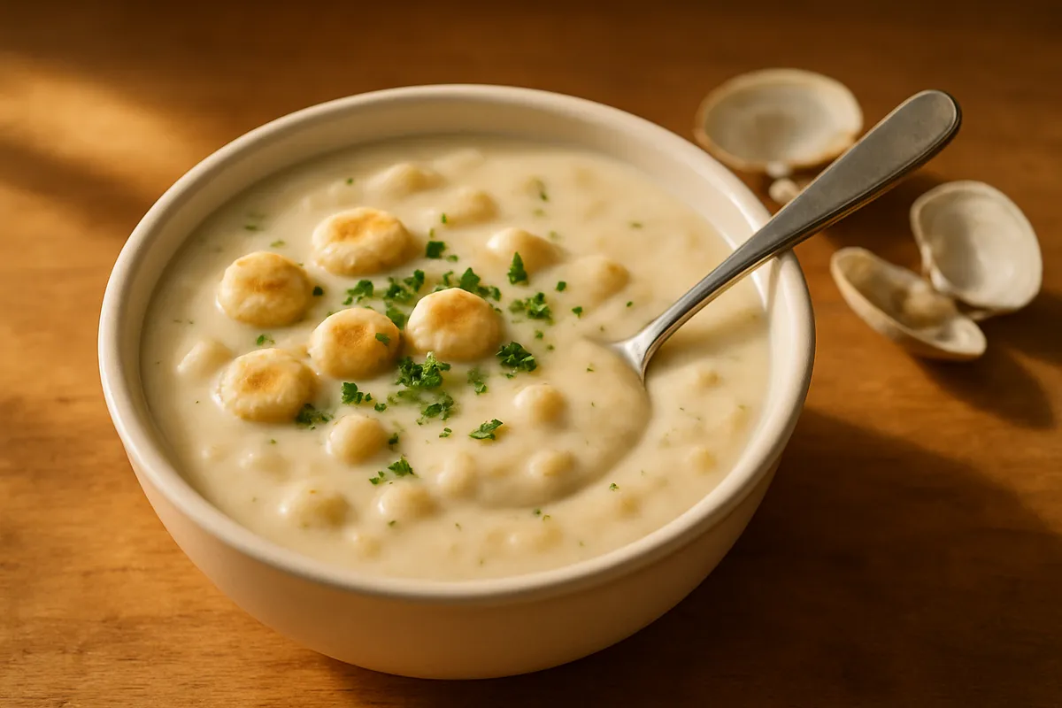 Bowl of thick pale clam chowder with crackers and parsley, spoon resting in it