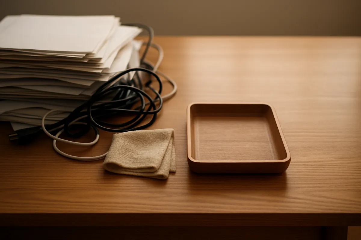 Desk half cleared, one side stacked with papers and the other bare and wiped clean